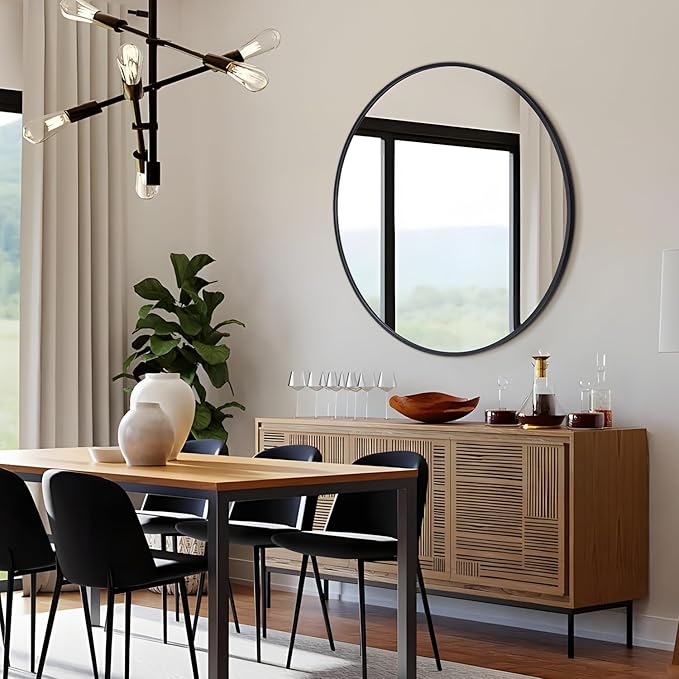 30 Inch Black Round Wall Mirror, Circle Bathroom Mirror with Brushed Metal Frame, Anti-Rust Tempered Glass Vanity Mirror for Bedroom, Entryway, Living Room Farmhouse Decor