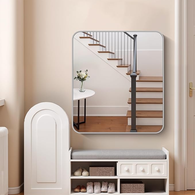 FORBATH 40x36 Inch Silver Bathroom Mirror for Over Sink, Large Rectangular Wall Mirror with Metal Frame, Rounded Corners for Bathroom, Bedroom, Entryway Decor (Horizontal or Vertical)