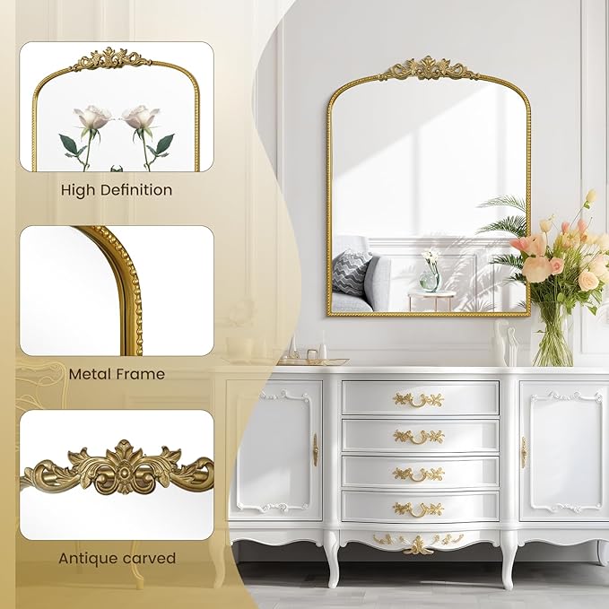 WallBeyond Gold Vintage Mirror for Vanity 28x36 Inch, Gold Antique Mirror with Ornate Frame, Arched Vintage Wall Mirror for Bathroom, Living Room, Fireplace, Entryway