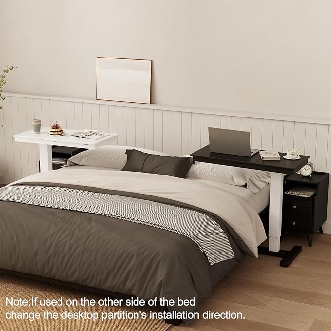 Solid Wood Overbed Bedside Table with Wheels,Tilt Top Hospital Bed Table Adjustable Over The Bed,Rolling Bed Desk for Hospital and Home Use (Black)