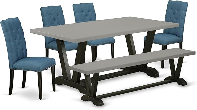 East West Furniture V697EL121-6 6 Piece Kitchen Table Set Contains a Rectangle Dining Table with V-Legs and 4 Blue Linen Fabric Parson Chairs with a Bench, 40x72 Inch, Multi-Color