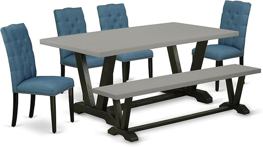 East West Furniture V697EL121-6 6 Piece Kitchen Table Set Contains a Rectangle Dining Table with V-Legs and 4 Blue Linen Fabric Parson Chairs with a Bench, 40x72 Inch, Multi-Color