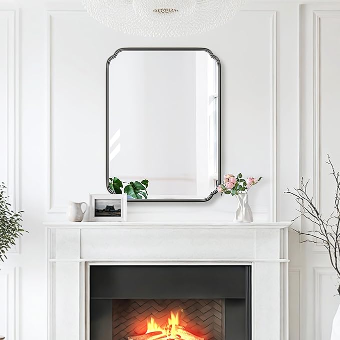 28"x36" Black Bathroom Mirror with Rustproof Metal Frame, Modern Rounded Corner Wall Mirror for Vanity Over Sink, Horizontal/Vertical Hanging
