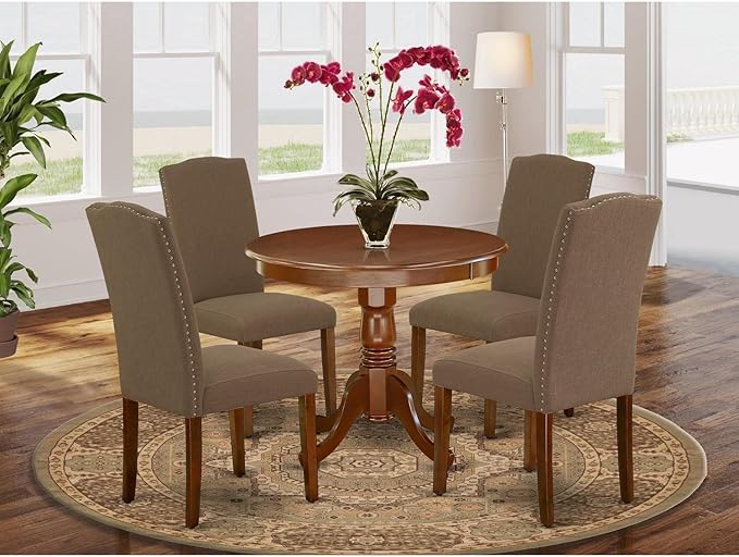 East West Furniture ANEN5-MAH-18 5 Piece Dining Table Set for 4 Includes a Round Kitchen Table with Pedestal and 4 Dark Coffee Linen Fabric Parson Dining Chairs, 36x36 Inch, Mahogany