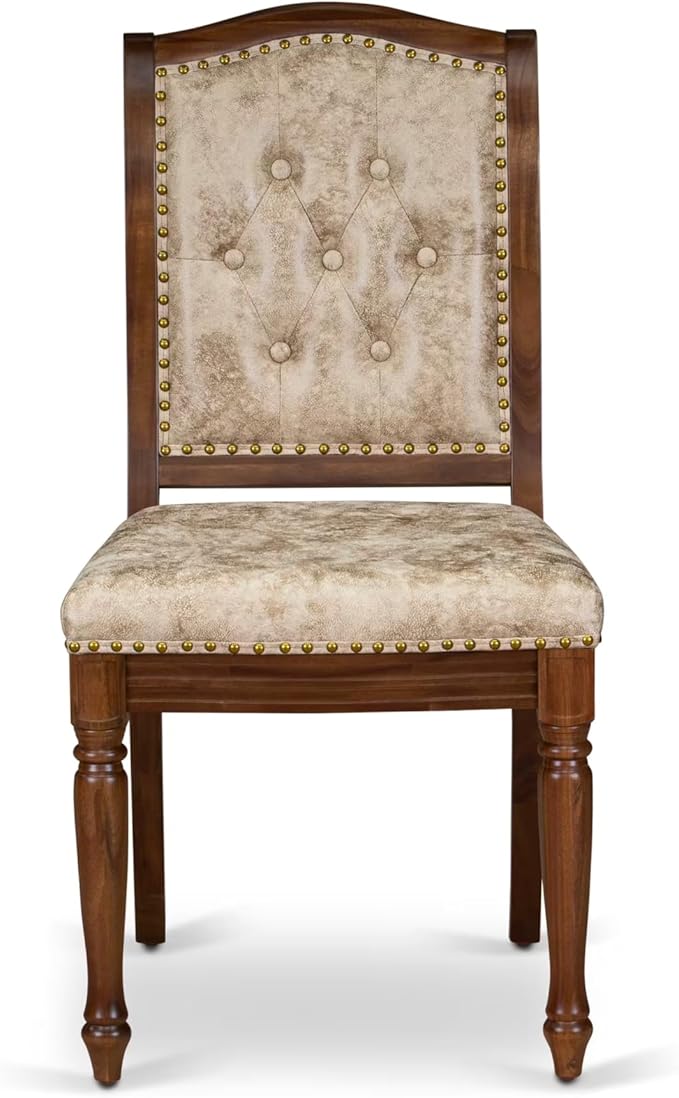 LEMA7-AWA-36 7 Pieces Dining Room Set Consists of a Rectangular Modern Dining Table and 6 Light Beige Polyester Fabric Kitchen Chairs, Antique Walnut Finish