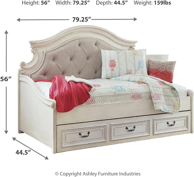 Signature Design by Ashley Realyn Traditional Upholstered Tufted Twin Platform Daybed with 1 Large Drawer, Foundation or Box Spring Not Needed, White & Beige