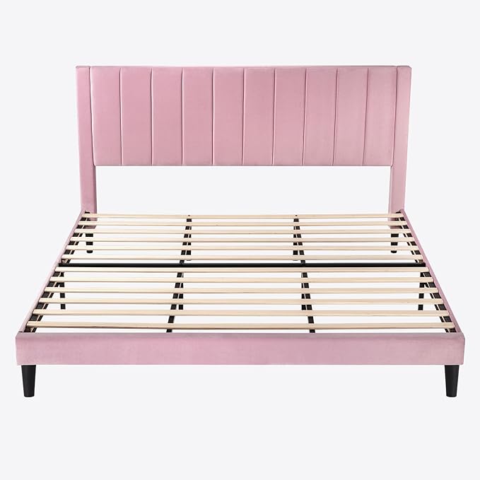 SHA CERLIN King Bed Frame/Velvet Upholstered Platform Bed Frame with Headboard/Strong Wood Slats Support/Mattress Foundation/No Box Spring Needed - Pink