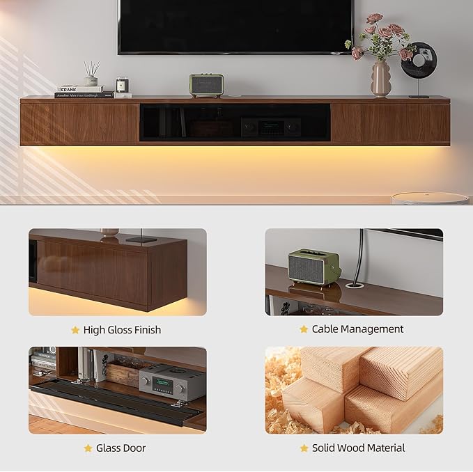 High Gloss Floating TV Stand,70'' Wall Mounted TV Console,Under TV Floating Shelf,Floating TV Cabinet with 3 Doors for Bedroom Living Room(Walnut)