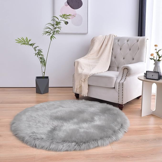 duduta Grey Faux Sheepskin Round Rug 4x4 ft, Fluffy Shag Fur Bedroom Nursery Kids Playroom Rug Dorm Decor Non Slip Washable