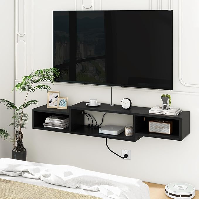 IBUYKE 59" Floating TV Stand Wall Mounted with Power Outlet,Wood Wall Mounted Media Console Shelf,Floating Entertainment Center for Under TV Storage for Living Room Bedroom Office,Black WST007B