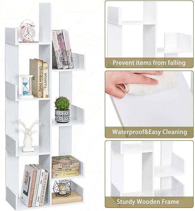 VECELO 8-Tier Tall Cactus-Shaped Tree Bookshelf, Vertical Bookcase with Waterproof Shelves & Rounded Corners, Modern Display Rack for Small Spaces in Living Room, Office, Bedroom, Ivory White