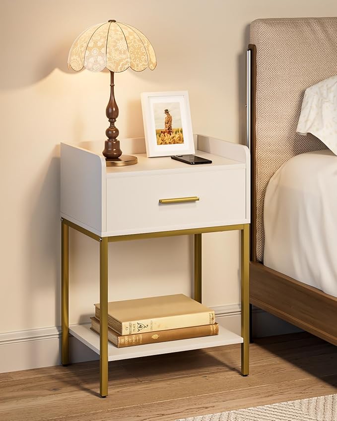 Nightstand,3-Tier Modern Night Stand,Bedside Table with Storage Drawer and Shelf,Small Side Table for Bedroom,Living Room,White