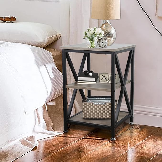 End Tables Living Room, 16" D x 16" W x 24" H, Indoor SideTables Living Room with Storage Shelf, Square End Table, X-Shaped Night Stands for Bedroom, Farmhouse Wood End Tables, Grey
