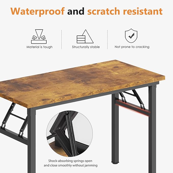 SDHYL 31.5 inches Foldable Computer Desk for Home Office Workstation, Small Portable Collapsible Study and Writing Table with Metal Frame, Rustic Brown