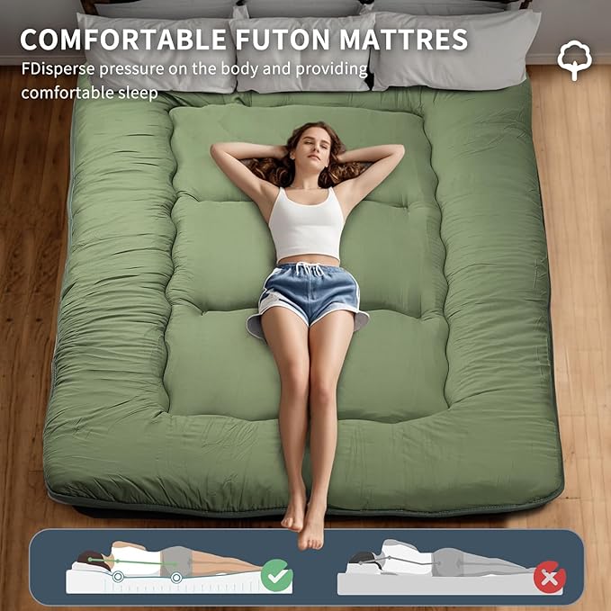 Japanese Floor Mattress,Roll Up Memory Foam Tatami Mat Easy to Store and Portable,Futon Mattress Suitable for Camping and Guest Room (Green, Full (80" X 47"))