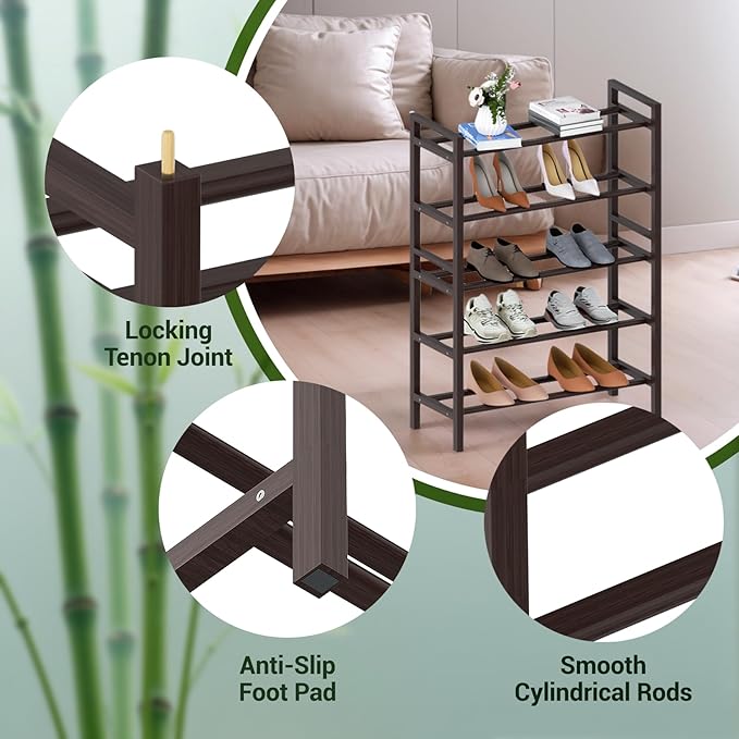 Haddockway Bamboo Shoe Rack for Closet, Free Standing Shoe Organizer with Smooth Round Rods & Convenient Handles, Stackable Shoe Storage Shelf for Entryway, Hallway(Brown, 5-Tier(Small))