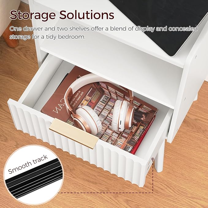 Fluted Nightstand, End Table, Small Modern Bedside Table with Charging Station, Side Table with Drawer, for Small Spaces, Bedroom, Living Room, White ETWT61E01N1