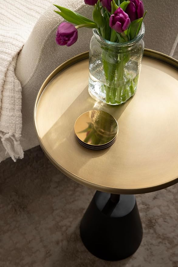 Kate and Laurel Tira Elegant Round Side Table, 14 x 24, Brass and Black, Modern Glam Circle End Table for Use as Bedroom Nightstand or Living Room Table Option