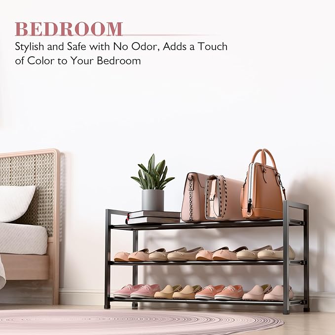 Bumusty 3-Tier Expandable Shoe Rack for Closet, 18“-33” Adjustable Shoe Rack for Small Space, Small Shoe Organizer for Front Door, Sturdy Metal, Black