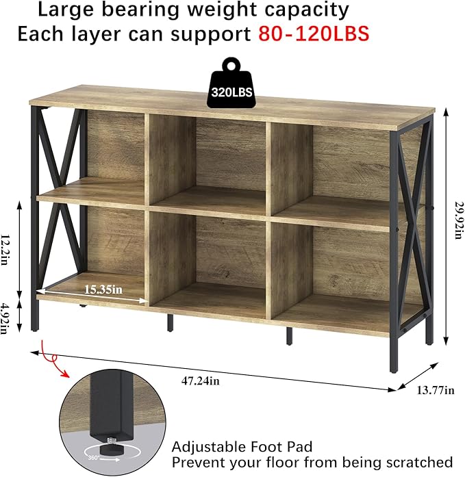Horizontal Bookshelf Bookcase,6 Cube Storage Organizer with Open Shelf,47 Inch Industrial Low Wide Wood and Metal Cubby shelf,Long shelving unit for Home Office Living Room(Rustic Oak,6 Cube)