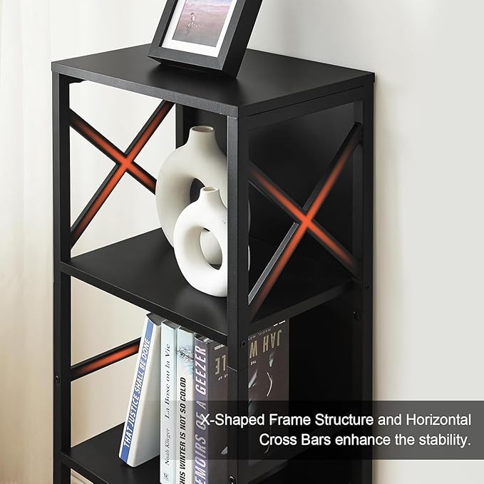 Small Bookshelf,5 Tier Industrial Bookcase with Metal Frame and Backboard,Narrow Black Book Shelf,Office Book case for Small Spaces,Living Room,Bedroom and Home Office
