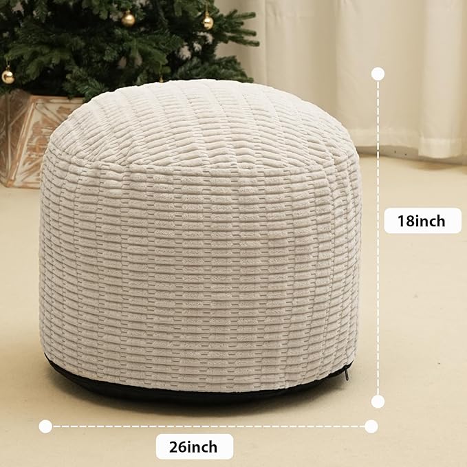 Round Stuffed Pouf Ottoman for Foot Rest, Storage Ottoman Pouf Foot Stool Cushion, Faux Fur Poufs with Foam Chunk Filling, 26 X 18 Inch Floor Chair for Living Room Bedroom Home Decor, Beige
