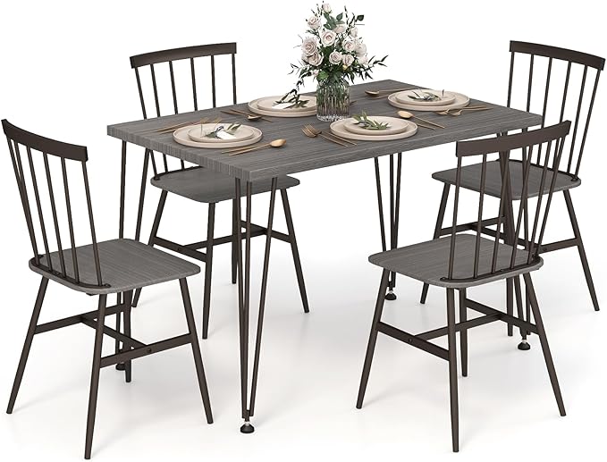 Tangkula Dining Table Set for 4, Kitchen Table and Chairs Set of 4 w/Metal Frame, 360° Swivel Feet, Space-Saving Dinette Table Set for Living Room, Restaurant, Breakfast Nook (Grey Oak)