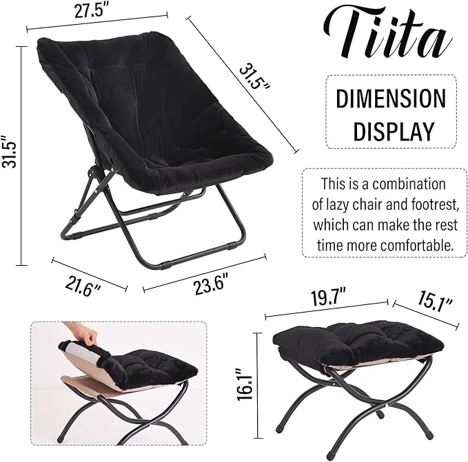 Tiita Folded Chair with Ottoman, Soft Faux Fur Oversized Folding Accent Chair,Lounge Lazy Chair, Metal Frame Moon Chair for Bedroom, Living Room, Dorm Rooms, Garden and Courtyard