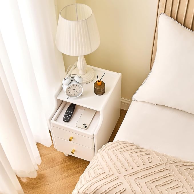 Uniclinens White Narrow Nightstand with Drawers, Small Slim Solid Wood Bedside Table for Bedroom, Modern End/Side for Living Room