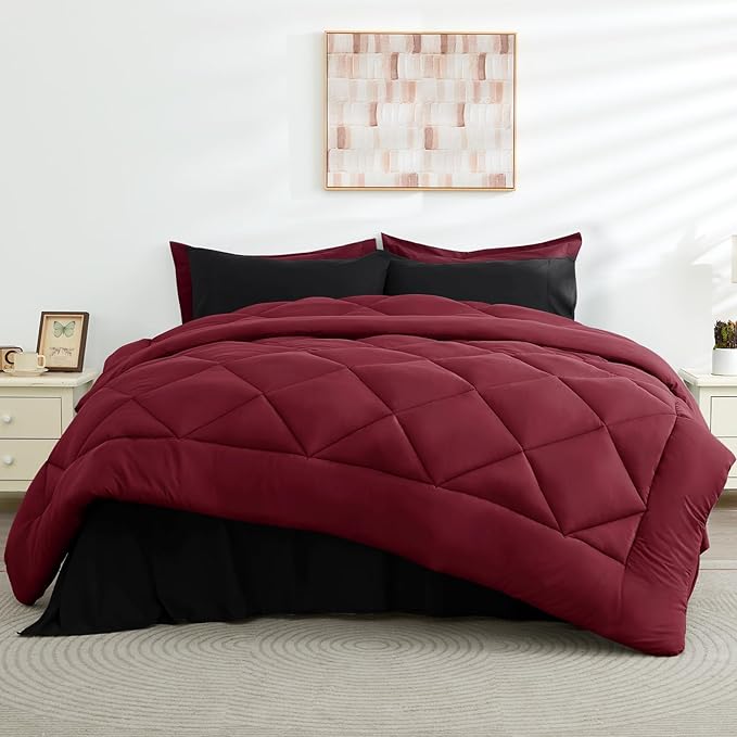 HEVUMYI Red & Black Full Comforter Set - 7-Piece All Season Bed in a Bag Full, Ultra Soft Burgundy Bedding Set with Comforter, Flat Sheet, Fitted Sheet, Pillowcases, Pillow Shams, Burgundy Red & Black