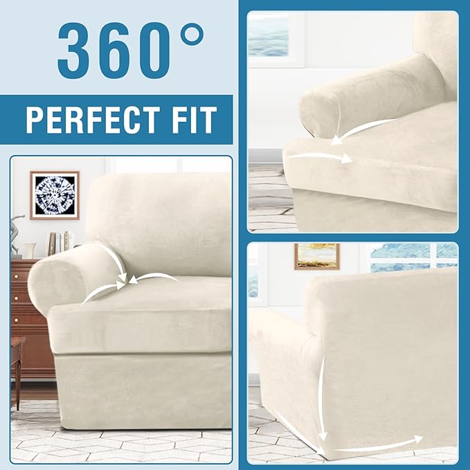 H.VERSAILTEX Sofa Cover 2 Piece T Cushion Armchair Slipcovers Thick Velvet Couch Cover Furniture Protector Stretch T Cushion Sofa Covers for 1 Cushion Couch with 1 Individual T Cushion Covers, Ivory
