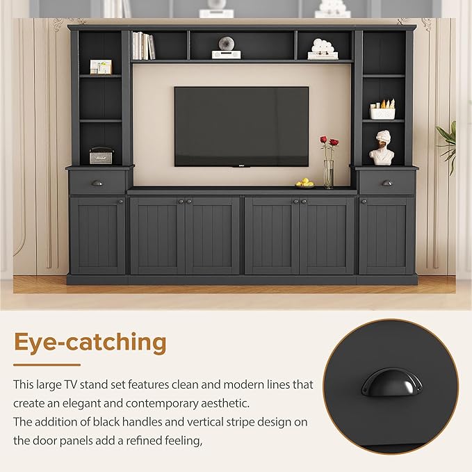 Merax Modern TV Stand Set with Adjustable Bridge for TVs Up to 75", Storage Media Console & Wall Units - Minimalist Entertainment Center for Living Room, Black