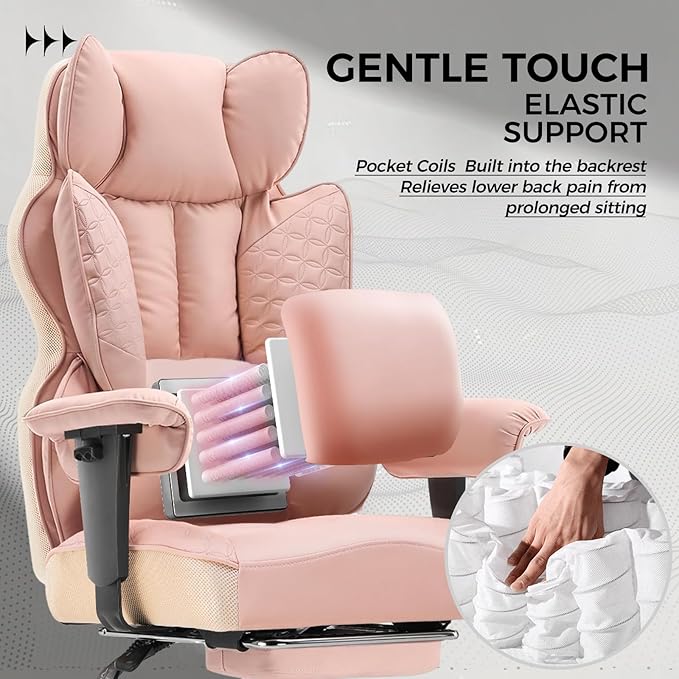 GTRACING Big and Tall Gaming Chair 400lbs Heavy Duty Office Chair with Foot Rest & Ergonomic Pocket Spring Lumbar Support, High Back 3D Saddle Shaped Cushion for Back Pain Relief, Pink