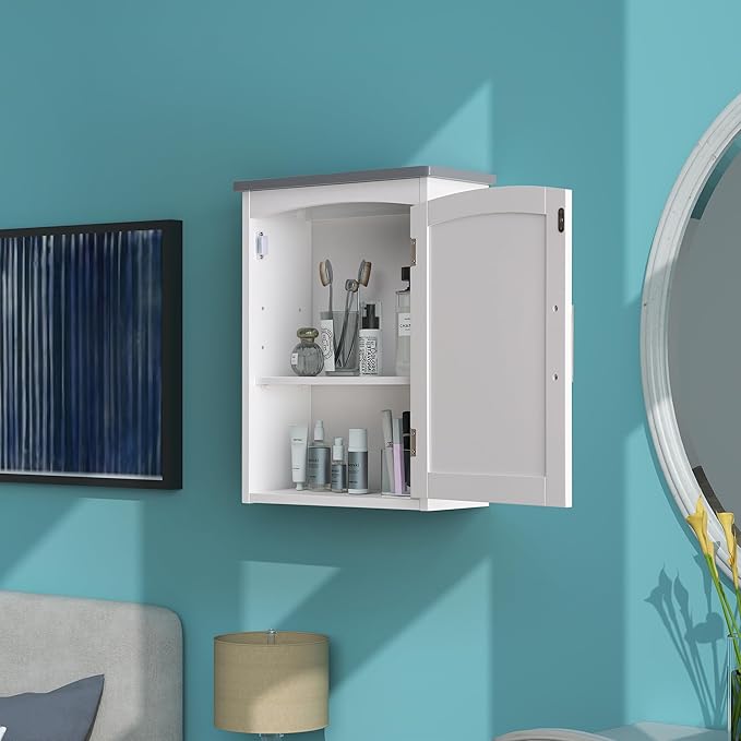 Bathroom Wall Cabinet 15 x 20 Inch Small Wall Cabinets Single Door Over Toilet Medicine Cabinet for Small Bathrooms - Matte White Finish with Gray Top, Soft Close Hinges