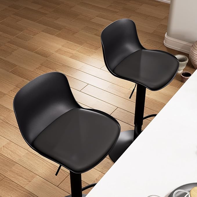YOUTASTE Black Bar Stools Set of 2 Counter Height Bar Stool Upholstered Adjustable Swivel Metal High Back Bar Chairs PU Soft Cushion for Home and Kitchen