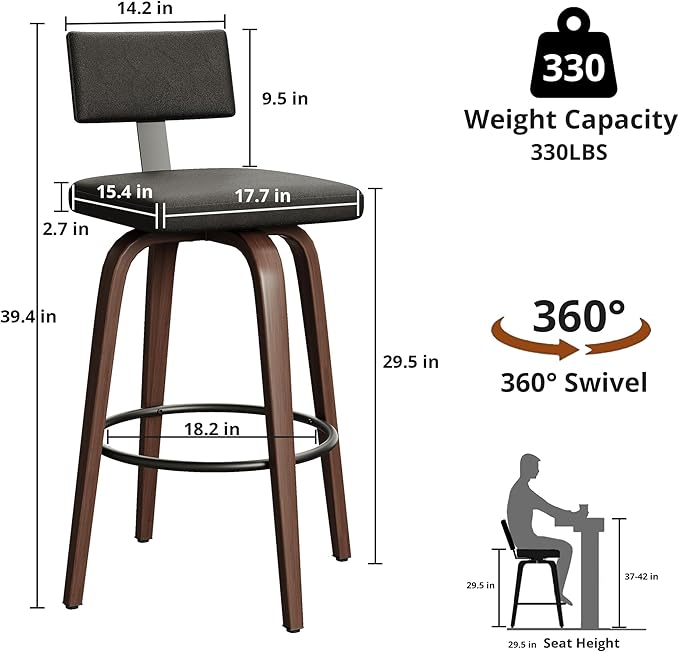 IRONCK Counter Height Bar Stools Set of 2, 29'' Faux Leather Upholstered Barstools with Back, Footrest, Wood Texture Bent Legs, Mid-Century Modern 360° Swivel Bar Stools for Kitchen Island, Black