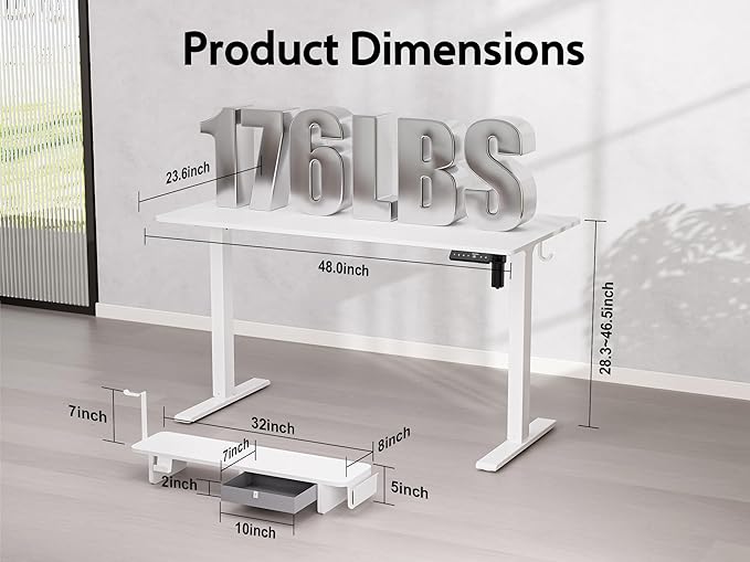 48x24 Inches Electric Standing Desk with Drawer and Monitor Stand, Height Adjustable Desk for Home Office, Ergonomic Sit to Stand with Phone Holder, 3 Hooks, White