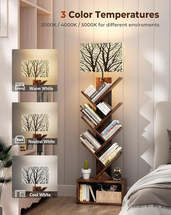 Tree Bookshelf with Light, 6 Tier Small Bookcase, Narrow Floor Standing Book Tower Organizer with Storage Cabinet for Living Room, Bedroom and Home Office, Rustic Brown