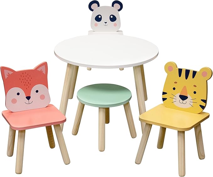 Kids Wooden Animal Table & Chair Set w 4 Seats- Tiger Panda & Fox Plus Adult Stool for Arts Crafts, Dining, Pretend Play- Durable Playroom Furniture for Home Daycare Classroom- Toddler Activity Center