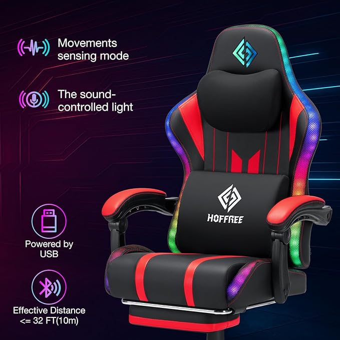 HOFFREE Gaming Chair with Music Rhythm RGB LED Lights and Bluetooth Speakers Ergonomic Massage Computer Gaming Chair with Footrest Video Game Chair High Back with Lumbar Support Red and Black
