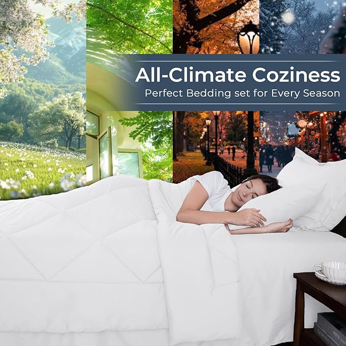 HEVUMYI King Comforter Set - 7-Piece All Season Bed in a Bag King, Ultra Soft Bedding Set with Comforter, Flat Sheet, Fitted Sheet, Pillowcases, Pillow Shams, White