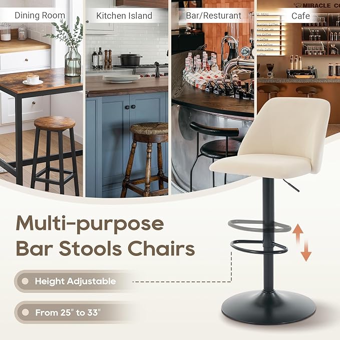 COLAMY Bar Stools Set of 1, Modern Swivel Bar Chairs, Adjustable Upholstered Barstools Counter Height with Full Backrest for Bar, Dining Room, Kitchen Island, Beige