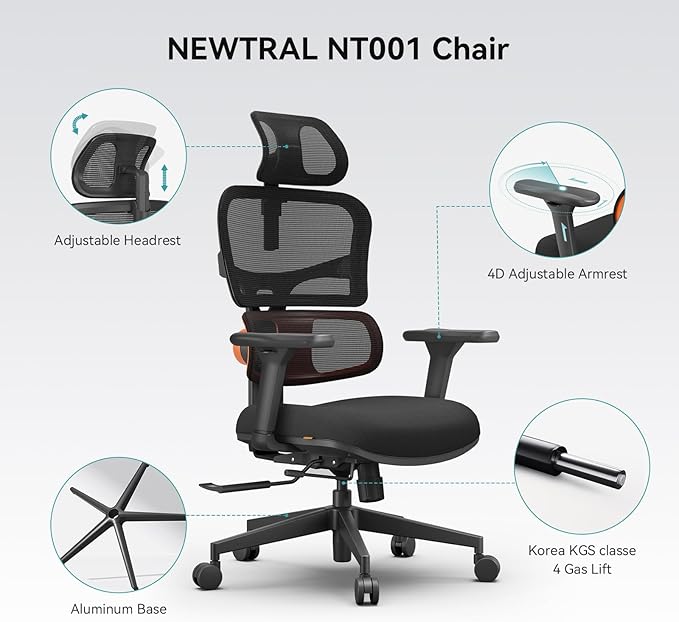 Newtral Ergonomic Office Chair - Home Office Desk Chair, Big and Tall Office Chair with Auto-Following Lumbar Support, Adjustable Seat Depth and Height (No Foot Rest + Laptop Table, Black)