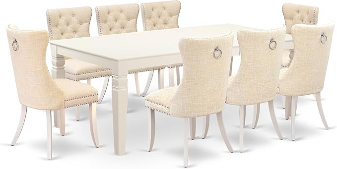 East West Furniture LGDA9-LWH-32 9 Piece Dining Table Set Includes a Rectangle Kitchen Table with Butterfly Leaf and 8 Polyester Fabric Padded Chairs, 42x84 Inch, linen white