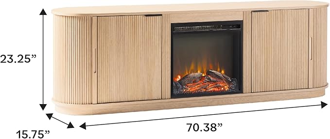 Walker Edison Chloe Reeded TV Stand with Fireplace Insert, 75 Inch, 70 Inch, Coastal Oak