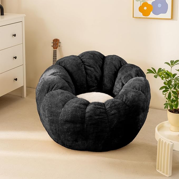 Pumpkin Bean Bag Sofa Chair, Bean Bag Chair with Filler for Teens, Kids, Toddler, Comfy and Lazy Sofa for Dorm, Apartment, Living Room and Bedroom, Black