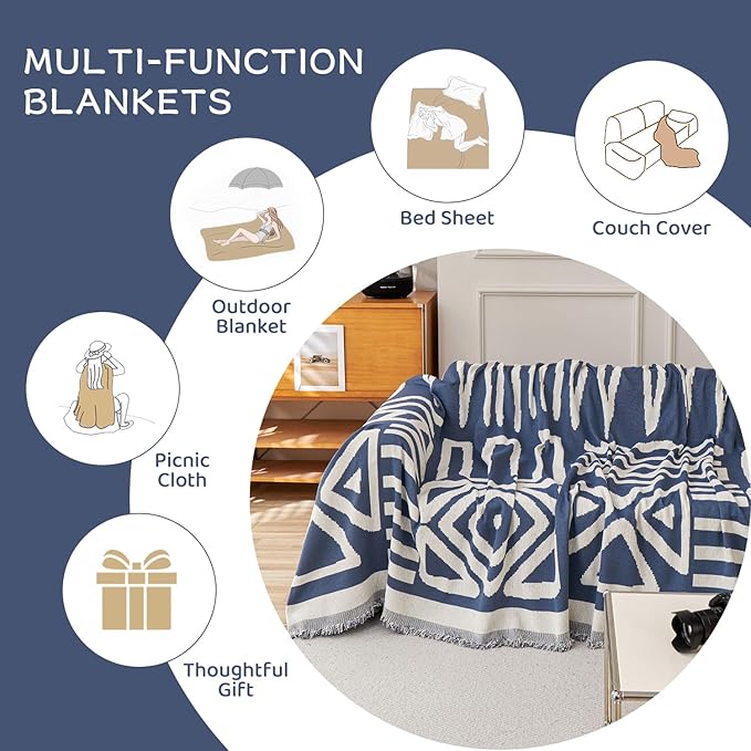 STACYPIK Modern Boho Couch Covers, Non Slip Blue Geometric Sofa Cover for Loveseat, Washable Furniture Protector for 3 Cushion Couch, Anti Slip Reversible Jacquard Couch Throw Covers for Sofa-71X150IN