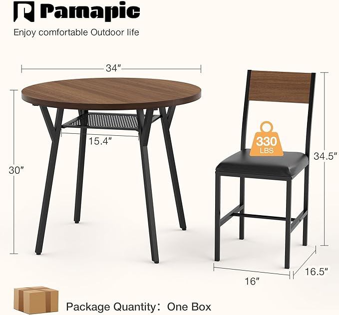 Pamapic Round Dining Table Set for 4, Kitchen Table and Chairs for 4, Dining Room Circle Dinner Pedestal Table, Solid Metal Frame,Space Saving Wood Kitchen & Dining Room Furniture,Walnut