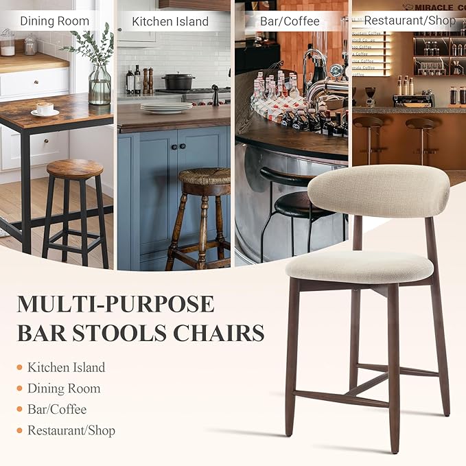 COLAMY Counter Height Bar Stools Set of 6, Kitchen Bar Stools with Back, Mid Century Modern Upholstered Stools, with Wood Legs for Kitchen Island Dining Room, Beige