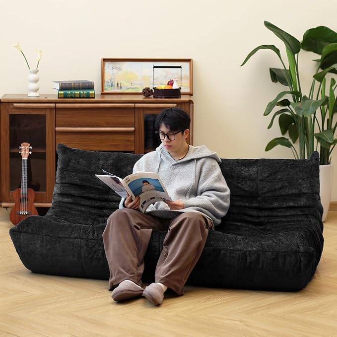 N&V Fireside Chair, Mid Century Armless Floor Sofa, Soft Premium Chenille Floor Lounge Chair, Foam Sofa Accent Chair for Living Room Bedroom and Office (Black, Three Seater)